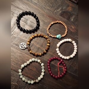 Set of 6 bead stretch bracelet Kiwi jasper black red tiger eye om wood buddha